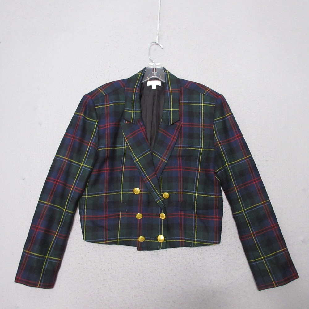 Ronny Kobo Rocky Blazer Tartan Plaid Cropped Wool Double Breasted Gold Button